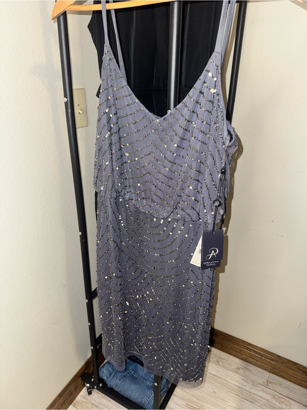 Adrianna Papell Silver-Embellished Slate Gray Slip Dress
